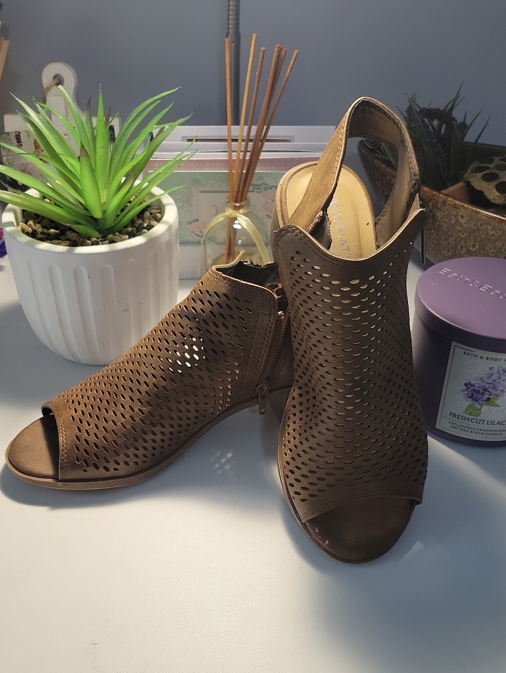 Perforated Peep-Toe Slingback Mules in Brown
